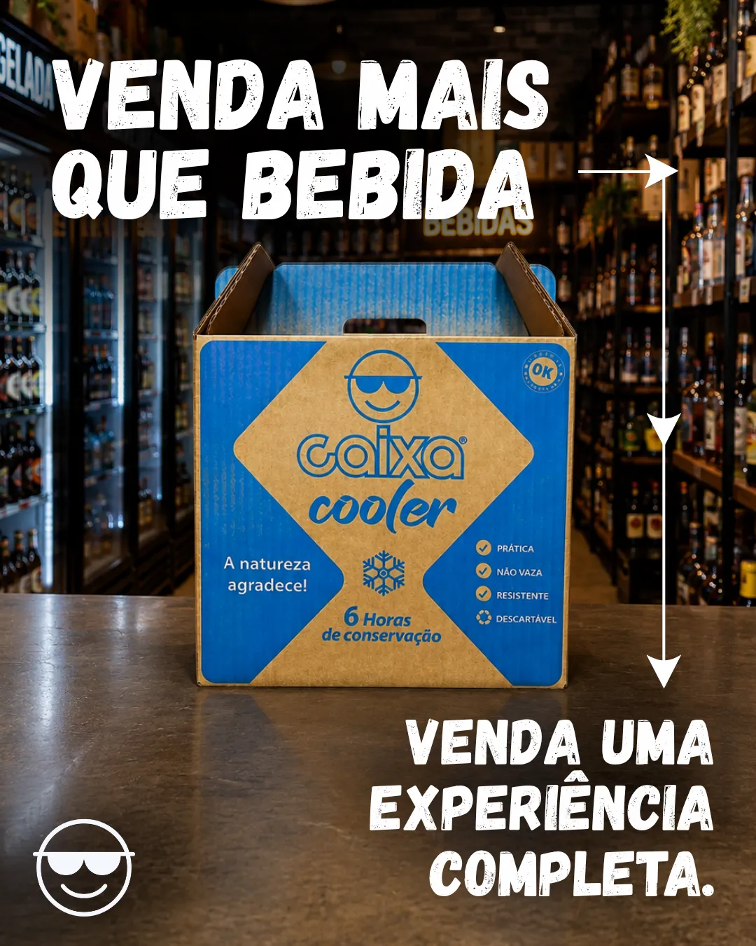 Caixa Cooler numa adega com os textos: Venda mais que bebida. Venda uma experiência completa.